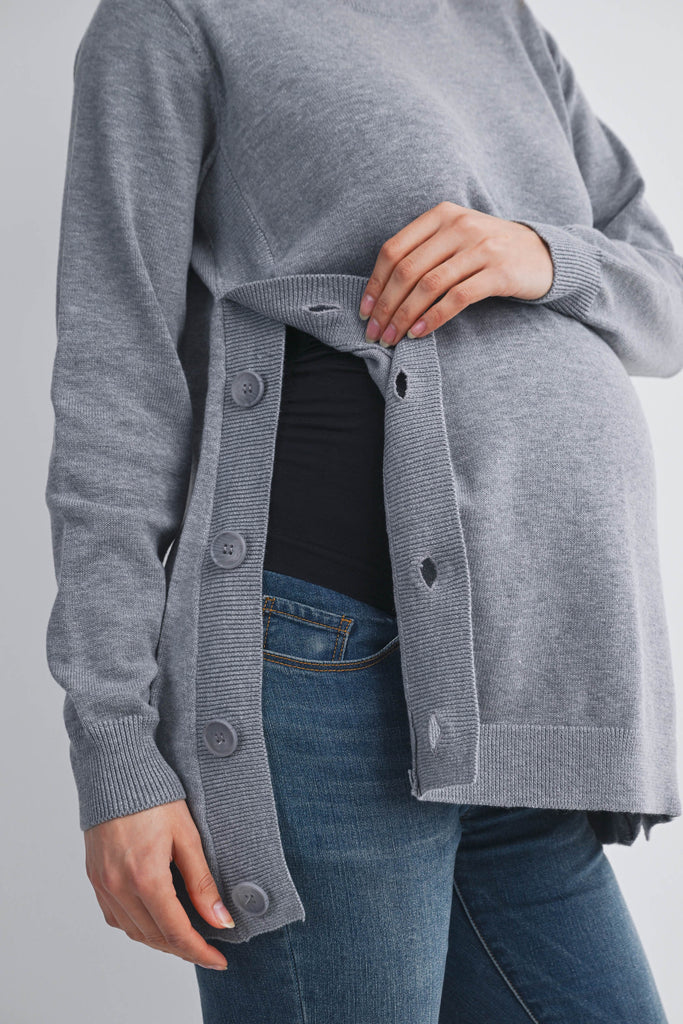 Heather Grey Crew Neck Side Button Knit Maternity Sweater Top Button Detail