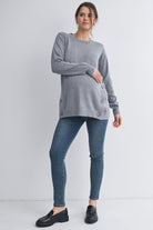 Heather Grey Crew Neck Side Button Knit Maternity Sweater Top Full Body View