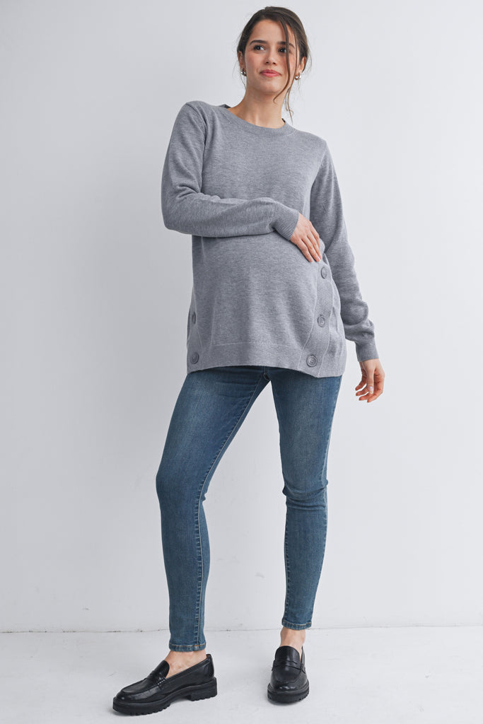 Heather Grey Crew Neck Side Button Knit Maternity Sweater Top Full Body View