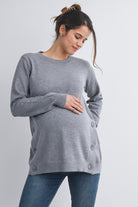 Heather Grey Crew Neck Side Button Knit Maternity Sweater Top Front View