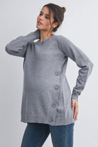 Heather Grey Crew Neck Side Button Knit Maternity Sweater Top Side View