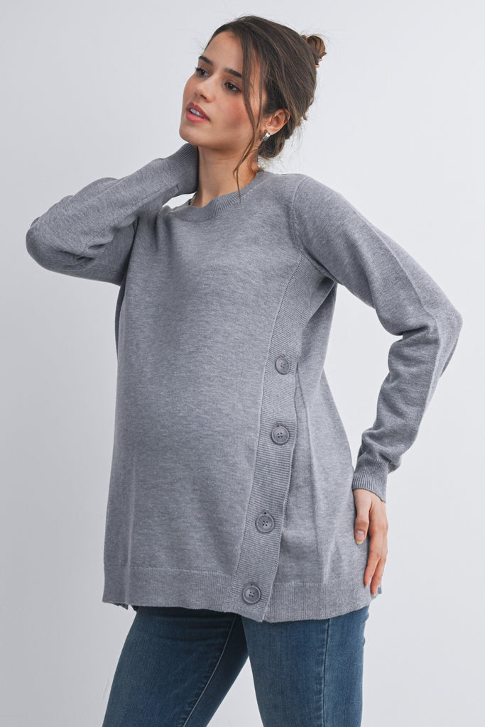 Heather Grey Crew Neck Side Button Knit Maternity Sweater Top Side View