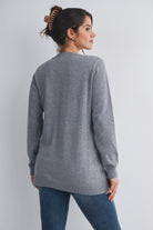 Heather Grey Crew Neck Side Button Knit Maternity Sweater Top Back View