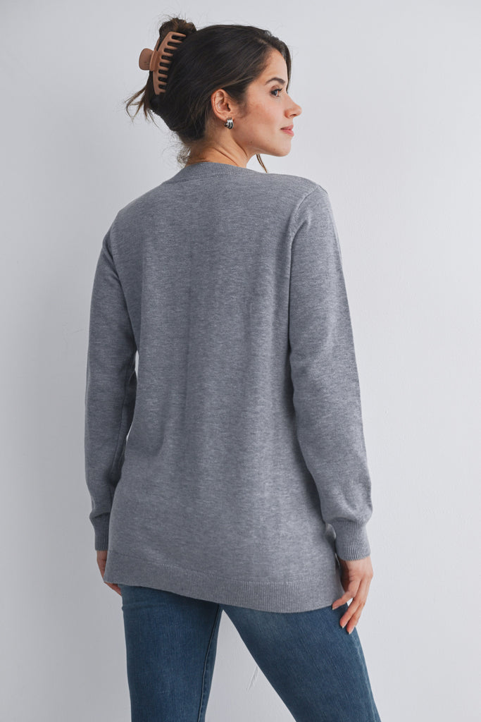 Heather Grey Crew Neck Side Button Knit Maternity Sweater Top Back View