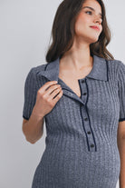 Collared Ribbed Button Front Short Sleeve Maternity Midi Dress Nursing Friendly Close Up
