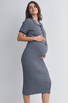Navy Collared Ribbed Button Front Short Sleeve Maternity Midi Dress Nursing Friendly Side View
