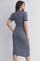 Navy Collared Ribbed Button Front Short Sleeve Maternity Midi Dress Nursing Friendly Back View