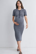 Navy Collared Ribbed Button Front Short Sleeve Maternity Midi Dress Nursing Friendly Full Body