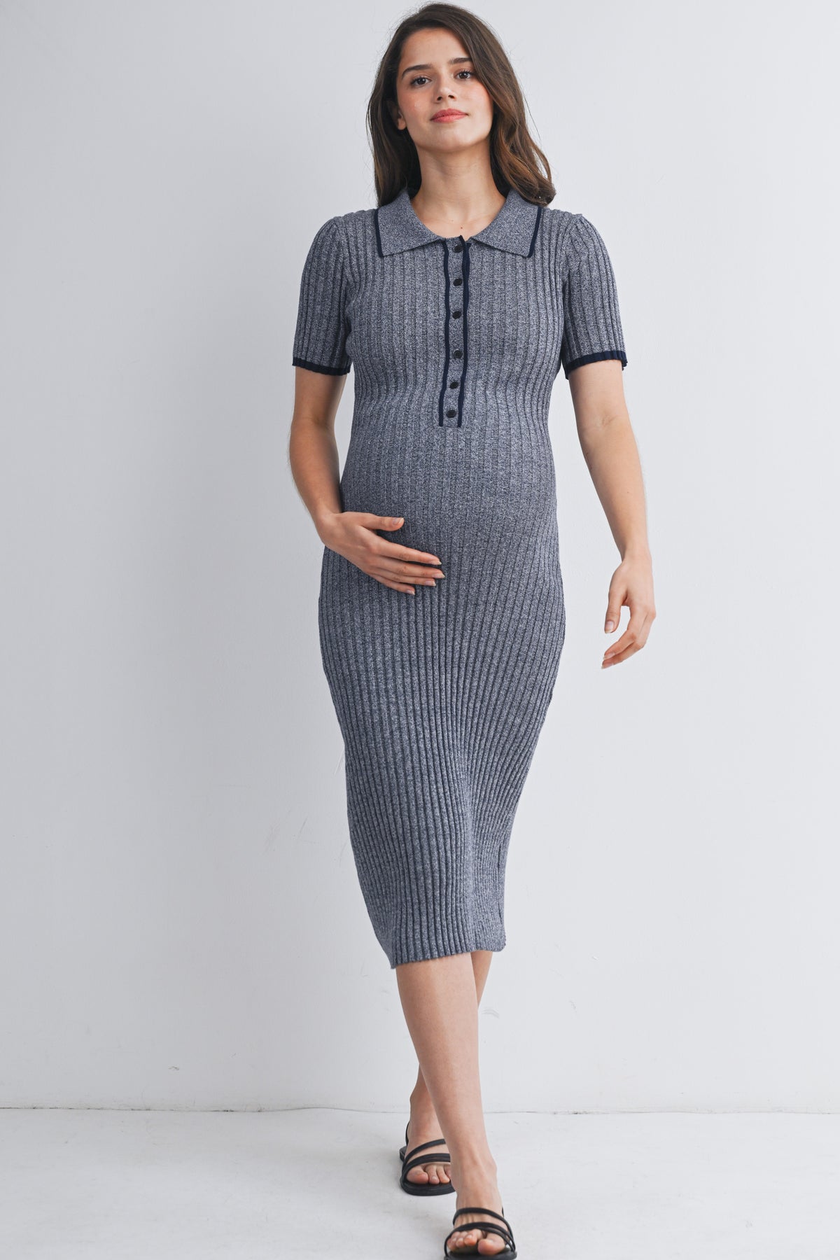 Navy Collared Ribbed Button Front Short Sleeve Maternity Midi Dress Nursing Friendly Full Body