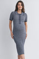 Navy Collared Ribbed Button Front Short Sleeve Maternity Midi Dress Nursing Friendly Front View