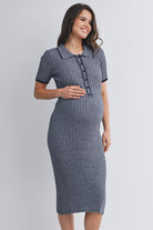 Navy Collared Ribbed Button Front Short Sleeve Maternity Midi Dress Nursing Friendly Side View