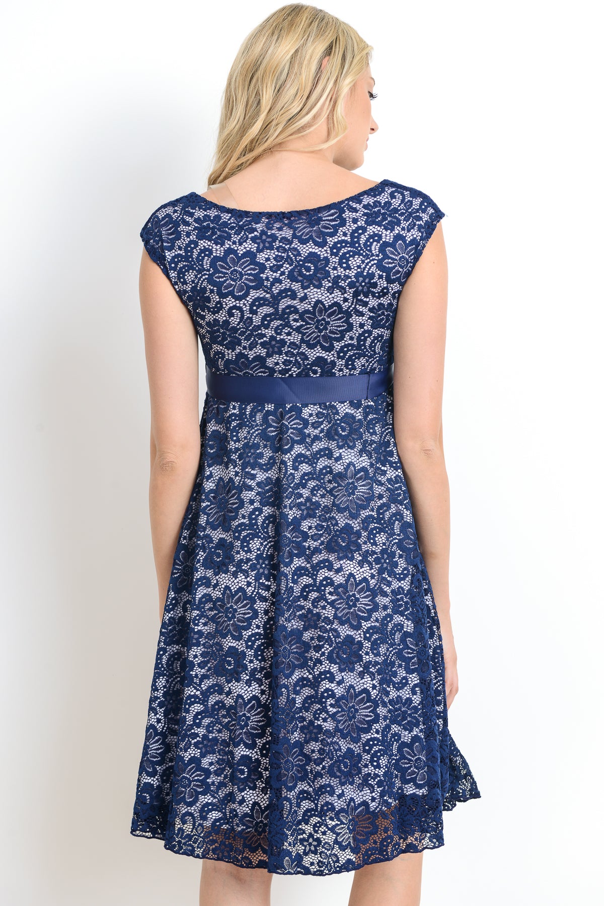 Navy/White Libby Lace Cap Sleeve Maternity Dress Back View