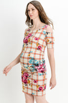 Cream Plaid Cold Shoulder Bodycon Maternity Dress Side