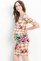 Cream Plaid Cold Shoulder Bodycon Maternity Dress Side