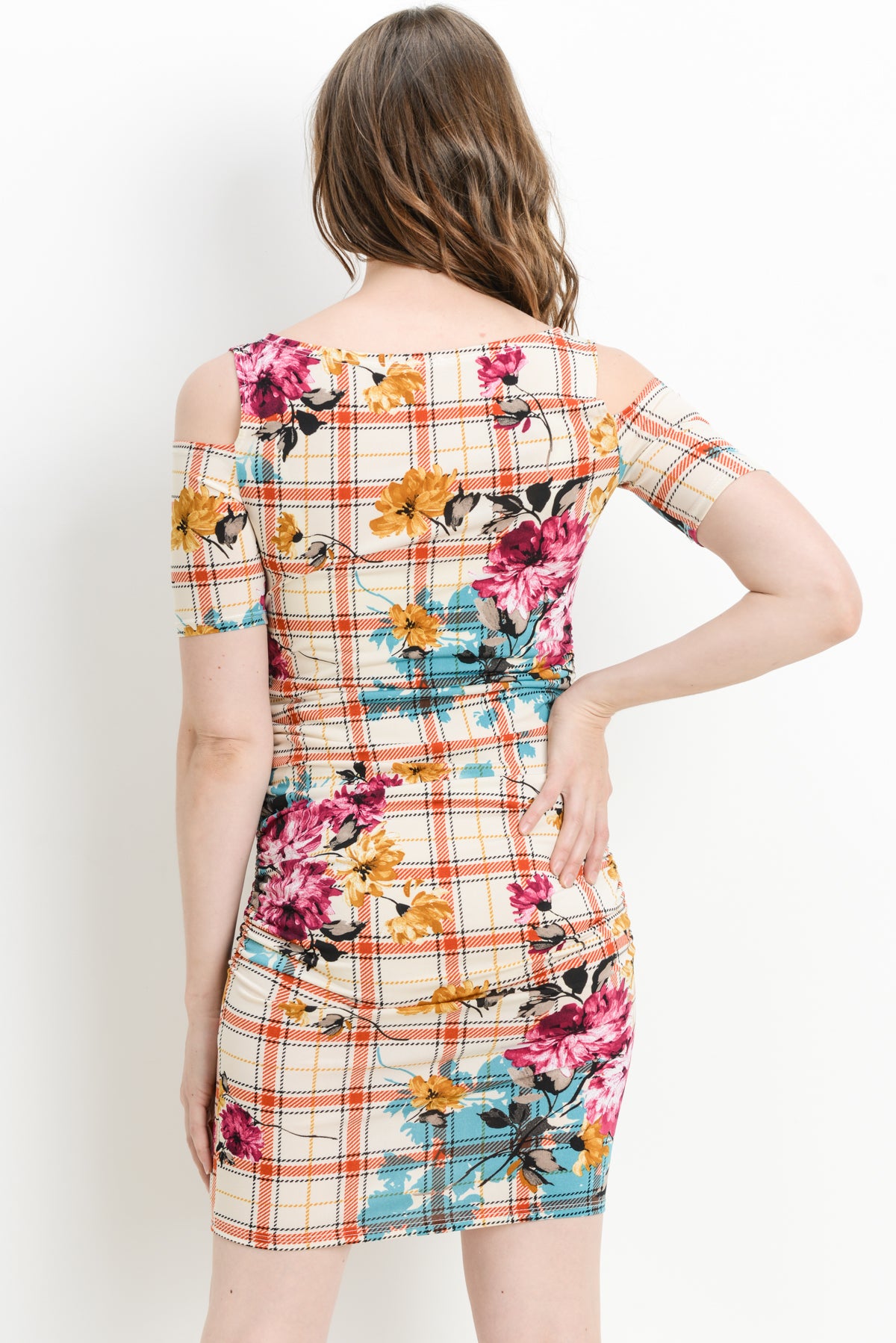 Cream Plaid Cold Shoulder Bodycon Maternity Dress Back