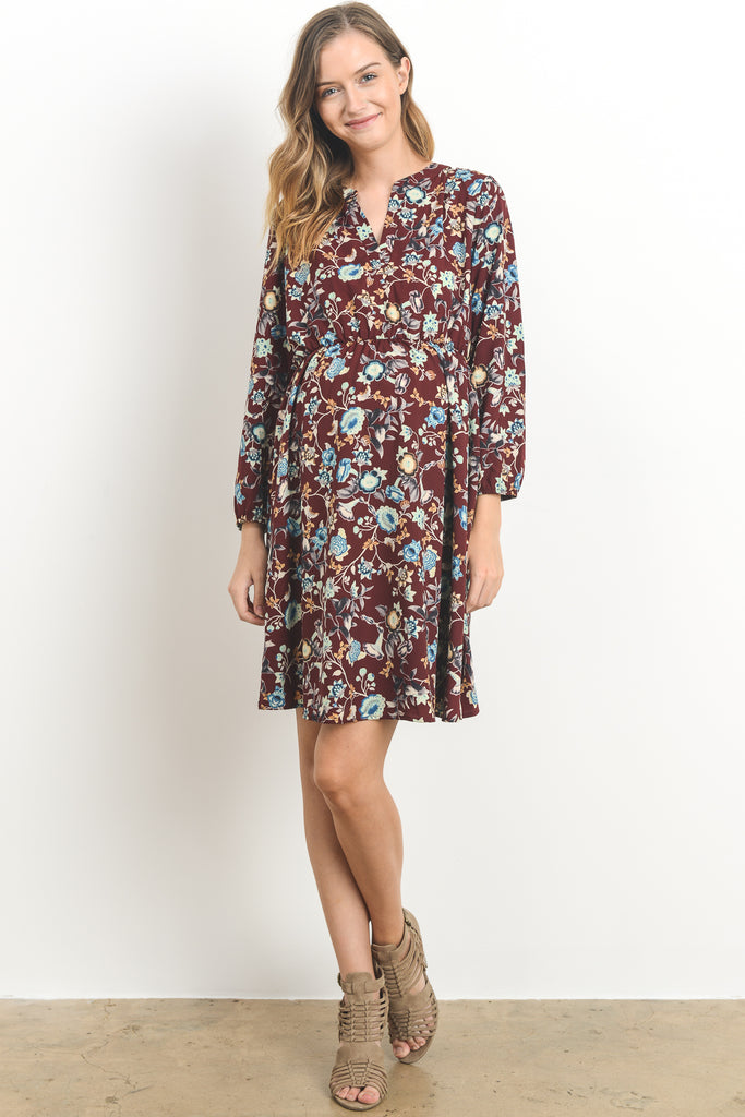 Burgundy Relaxed Long Sleeve Floral Maternity Dress Full Body