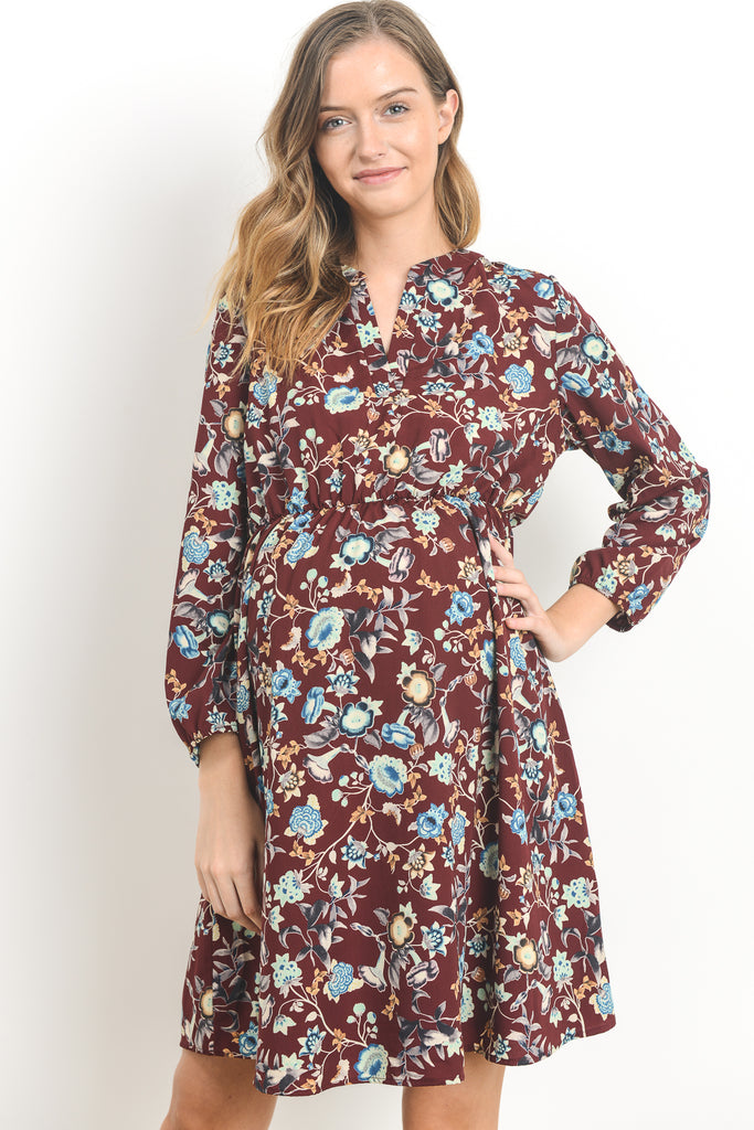 Burgundy Relaxed Long Sleeve Floral Maternity Dress Front