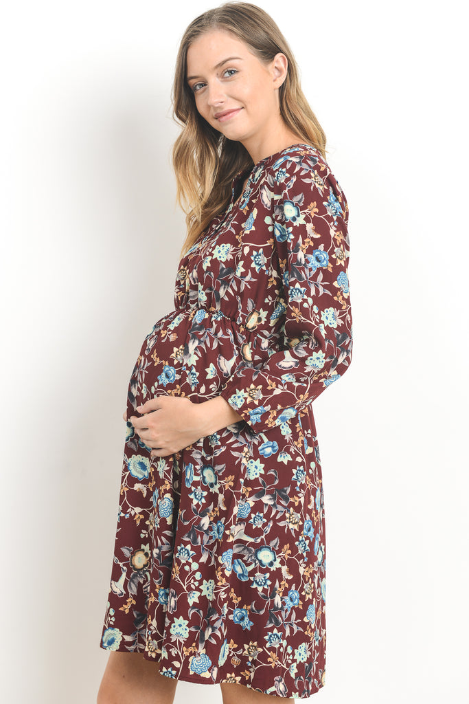 Burgundy Relaxed Long Sleeve Floral Maternity Dress Side