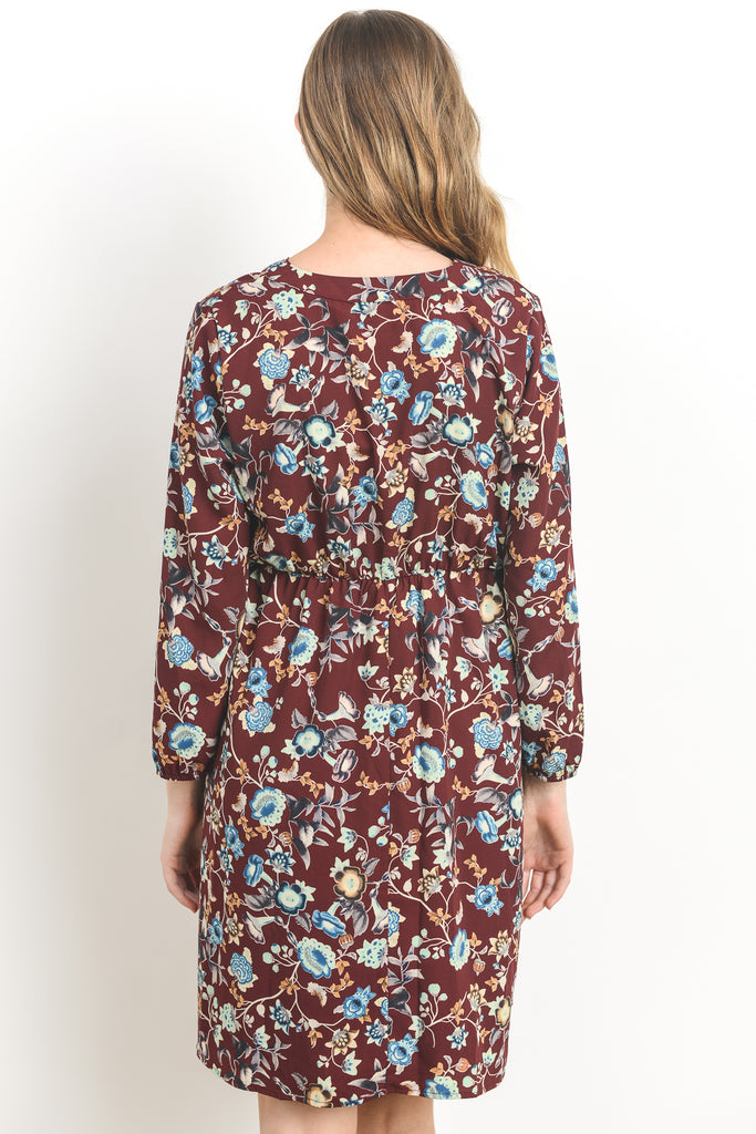 Burgundy Relaxed Long Sleeve Floral Maternity Dress Back