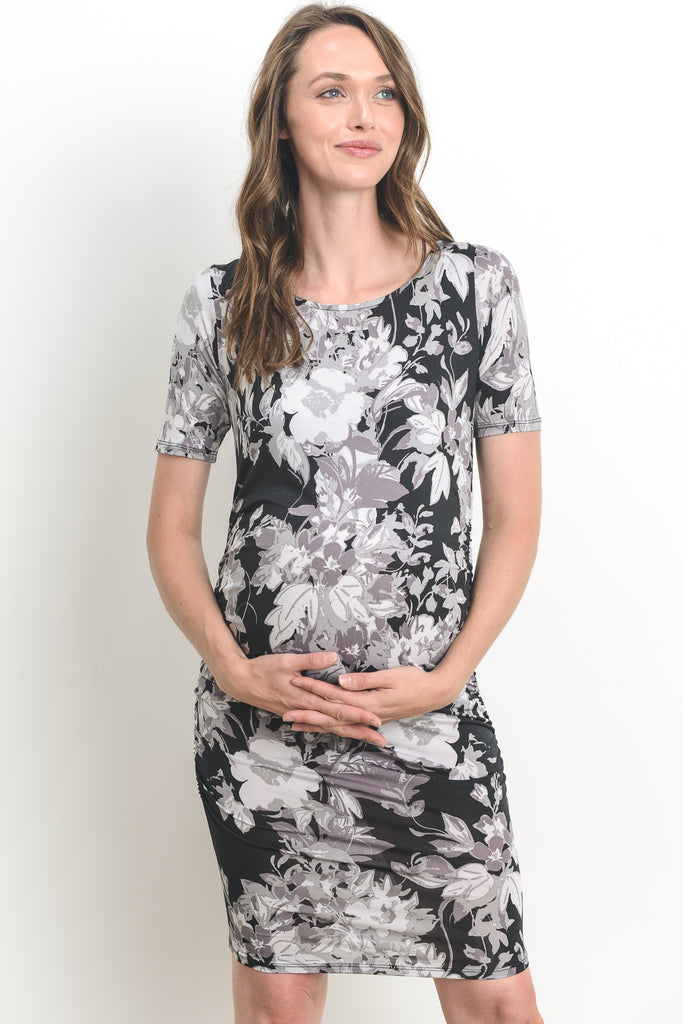 Black Fitted Floral Side Ruched Maternity Dress Front