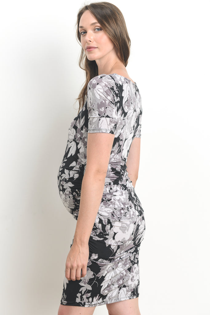 Black Fitted Floral Side Ruched Maternity Dress Side
