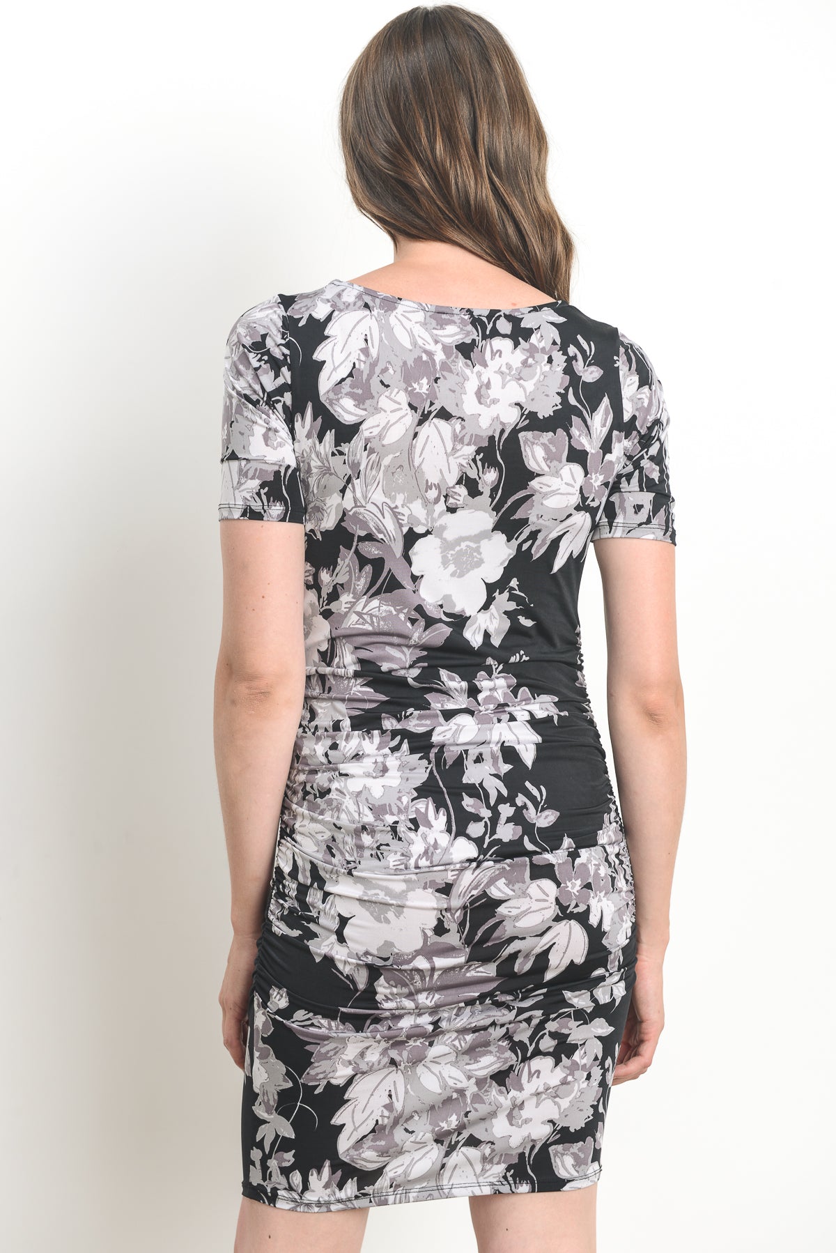 Black Fitted Floral Side Ruched Maternity Dress Back