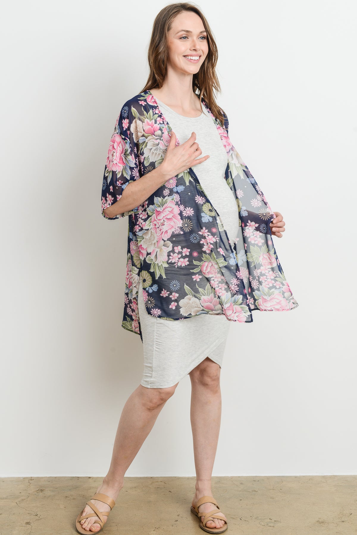 Navy Floral Maternity Kimono Cardigan Full Body