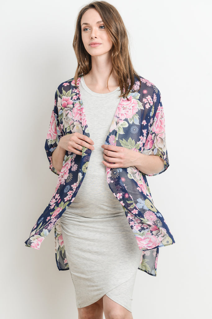 Navy Floral Maternity Kimono Cardigan Front