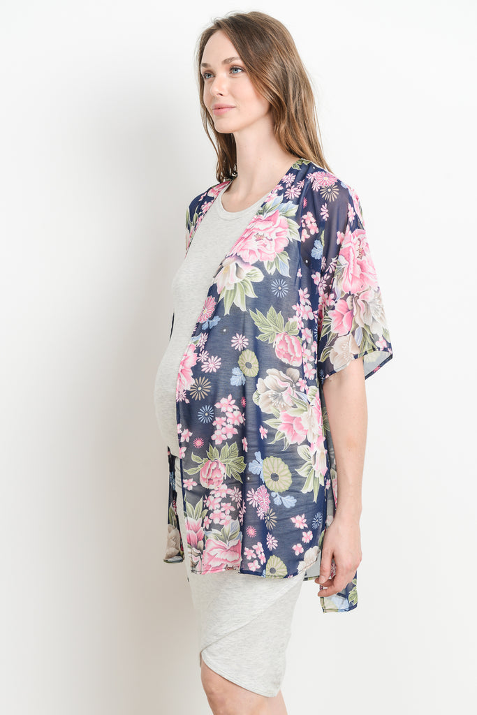 Navy Floral Maternity Kimono Cardigan Side