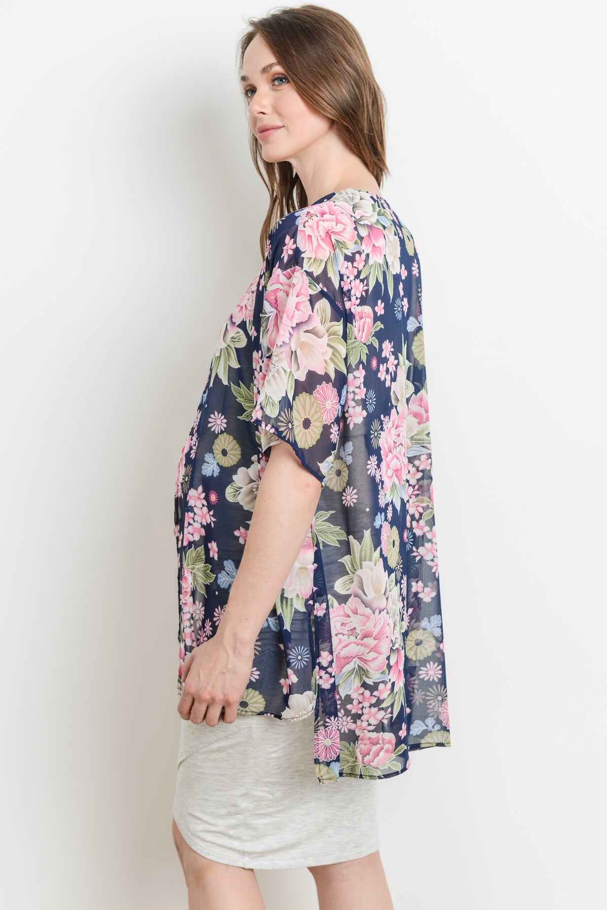 Navy Floral Maternity Kimono Cardigan Side