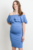 Denim Double Ruffle Off Shoulder Maternity Dress Front View