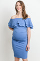 Denim Double Ruffle Off Shoulder Maternity Dress Front View