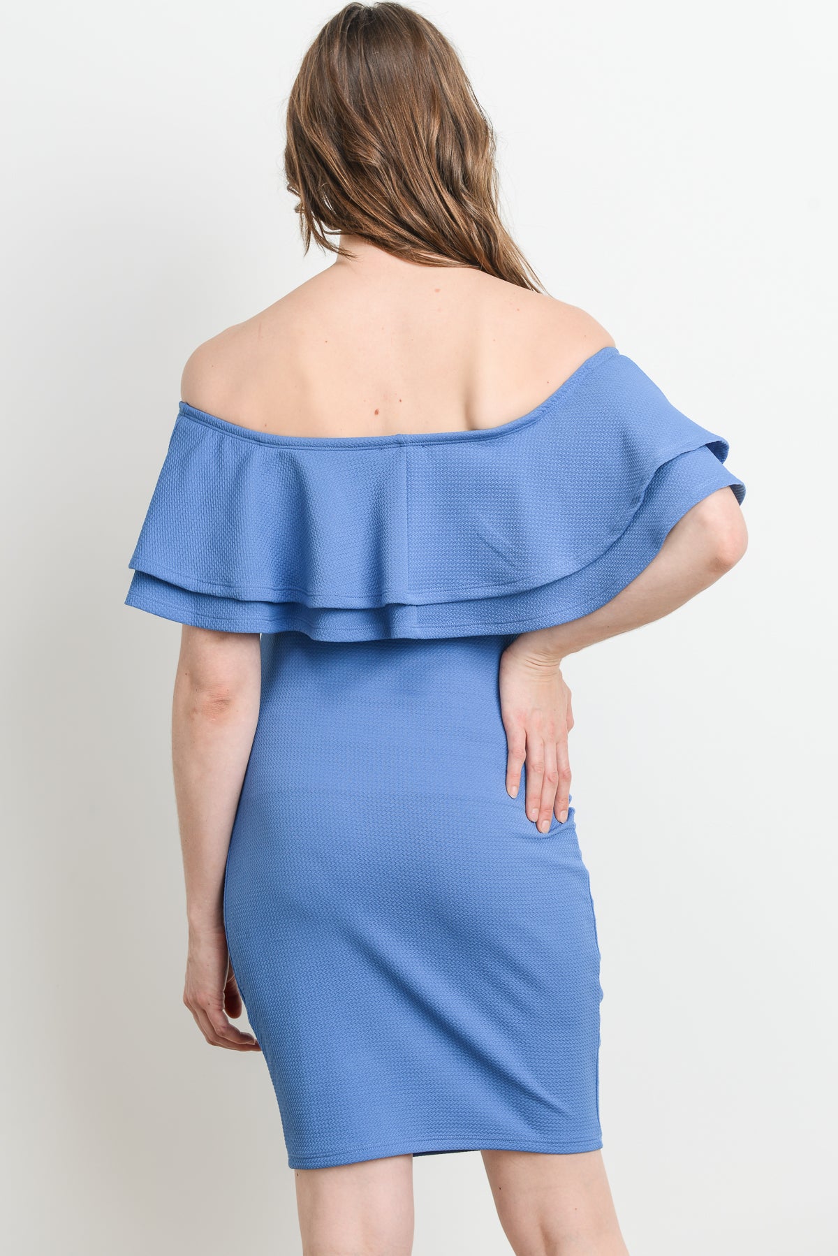 Denim Double Ruffle Off Shoulder Maternity Dress Back View