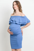 Denim Double Ruffle Off Shoulder Maternity Dress Side View