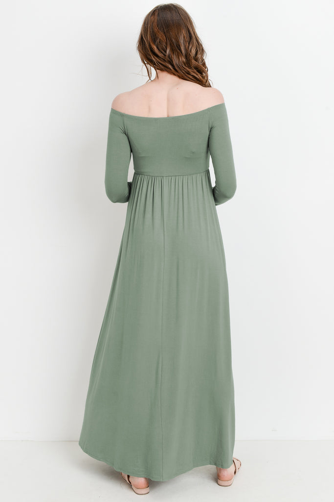 Green Off Shoulder Long Sleeve Maternity Maxi Dress Back