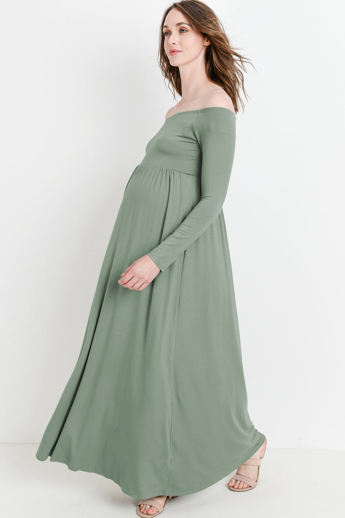 Green Off Shoulder Long Sleeve Maternity Maxi Dress Side