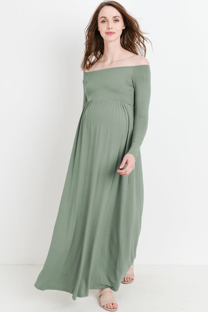 Green Off Shoulder Long Sleeve Maternity Maxi Dress Front