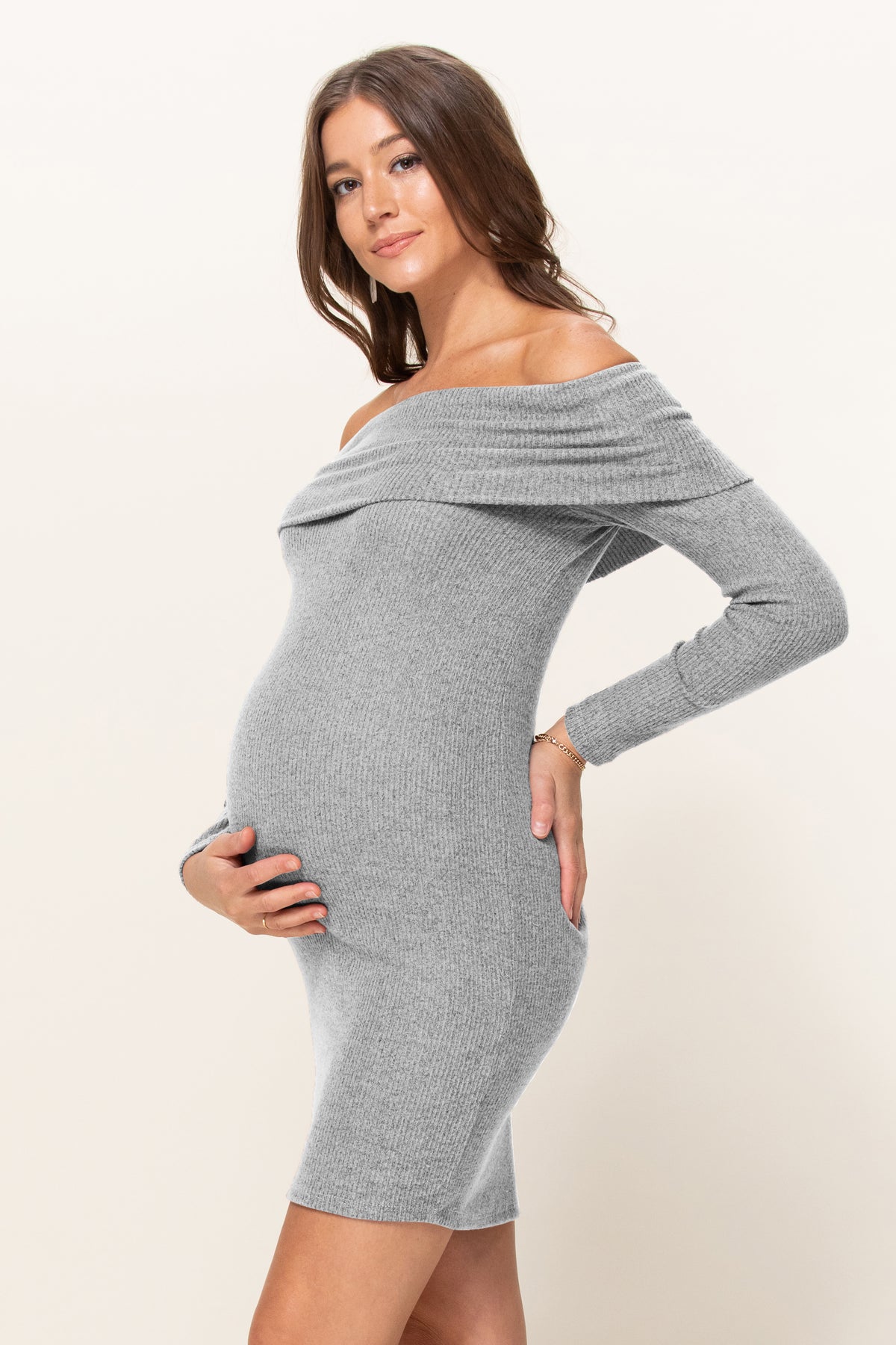 Heather Grey #2 Cashmere Like Ribbed Off-Shoulder Maternity Dress Side View