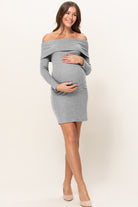 Heather Grey #2 Cashmere Like Ribbed Off-Shoulder Maternity Dress Full Body