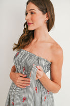 Black Striped maternity midi dress with adjustable tie shoulder straps – close-up detail