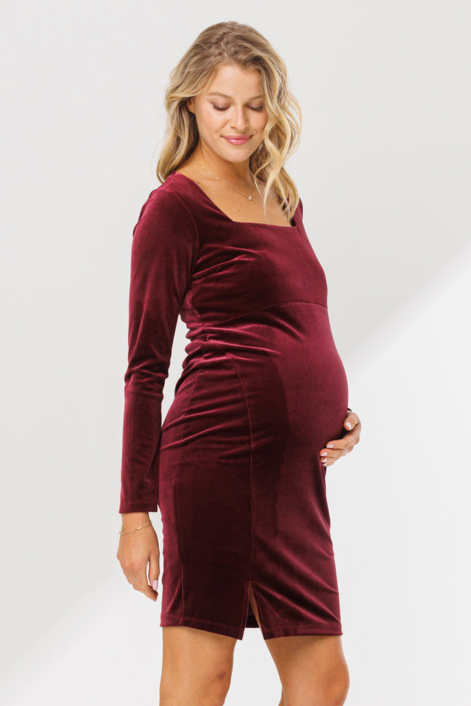 Burgundy Square Neck Velvet Maternity Dress With Side Slit Side