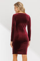 Burgundy Long Sleeve Square Neck Velvet Maternity Dress With Side Slit Back View