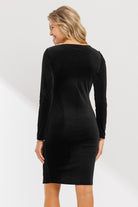 Black Long Sleeve Square Neck Velvet Maternity Dress With Side Slit Back View