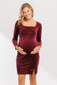 Burgundy Long Sleeve Square Neck Velvet Maternity Dress With Side Slit Front View