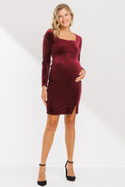 Burgundy Long Sleeve Square Neck Velvet Maternity Dress With Side Slit Full Body