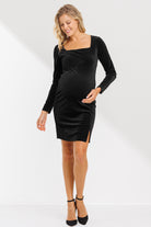 Black Long Sleeve Square Neck Velvet Maternity Dress With Side Slit Full Body