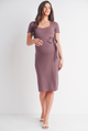 Mauve Square Neck Short Sleeve Tie Waist Maternity Dress Full Body