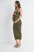 Olive Sleeveless Ribbed Midi Maternity Dress With Belt Side View