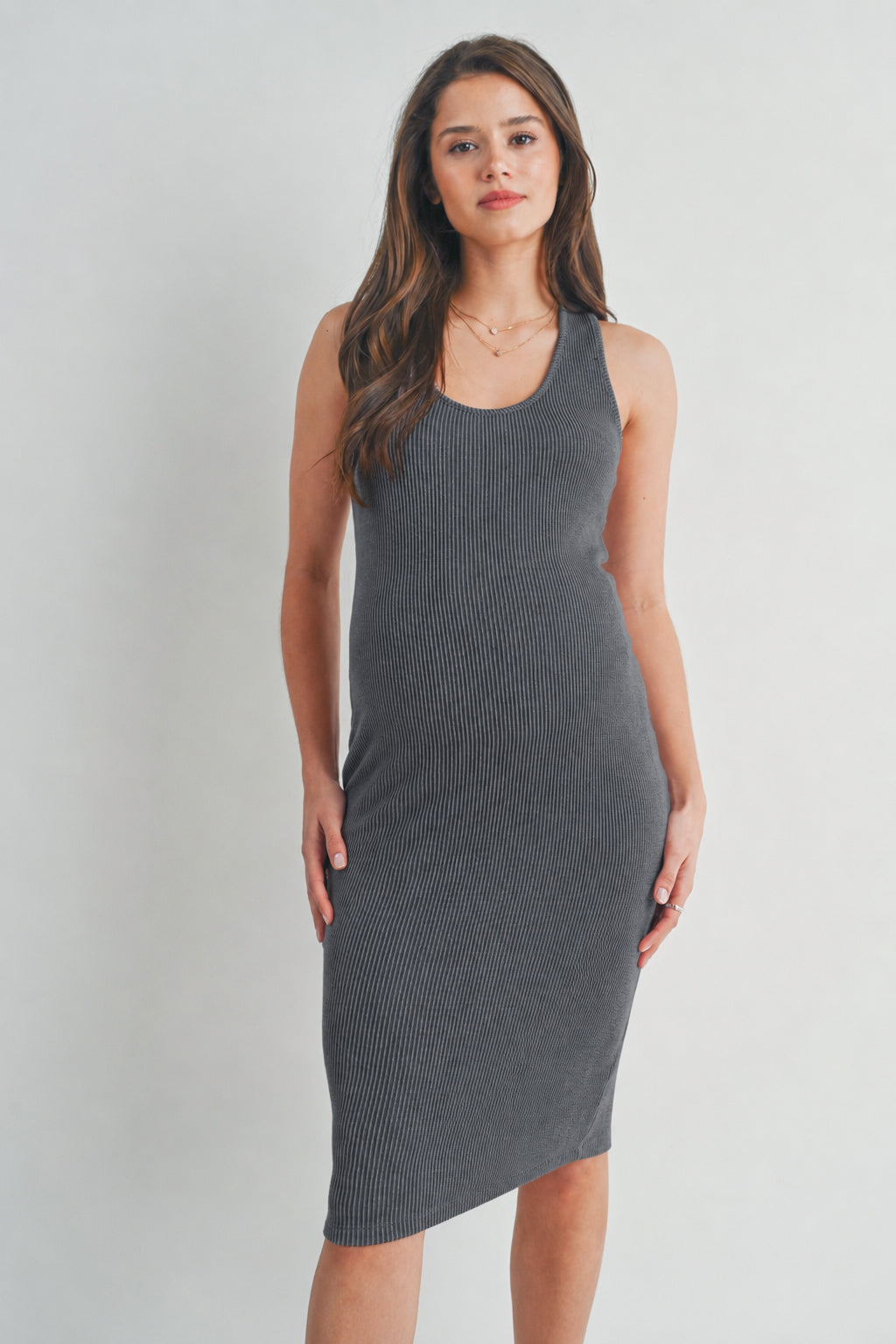 Charcoal Scoop Neck Ribbed Bodycon Maternity Dress Front View