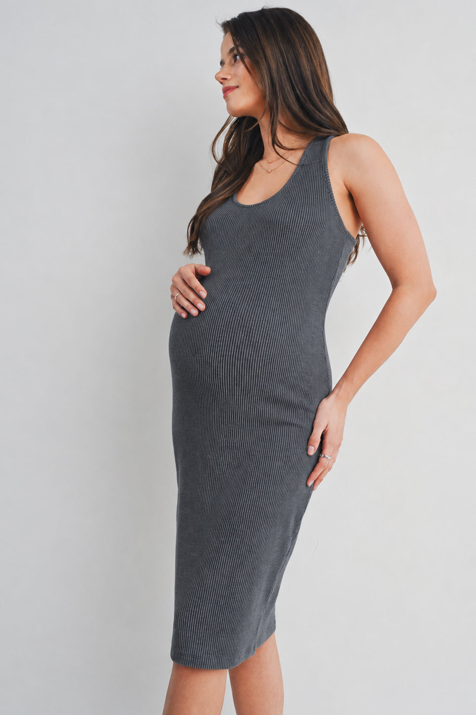 Charcoal Scoop Neck Ribbed Bodycon Maternity Dress Side View